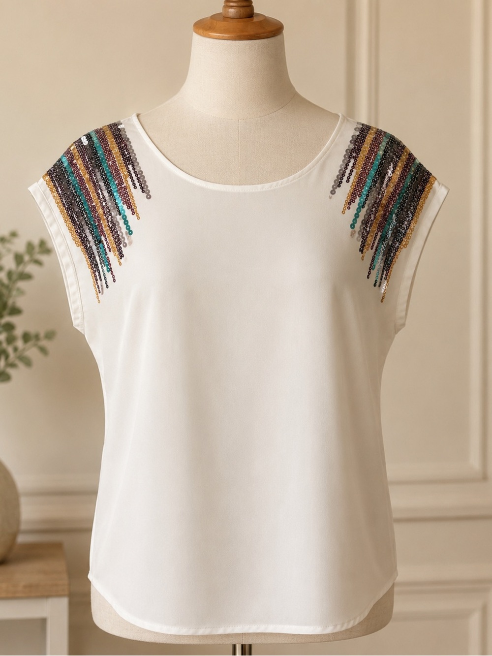 Forever 21 White Cap-Sleeve Top with Multicolor Beaded Shoulder Stripes